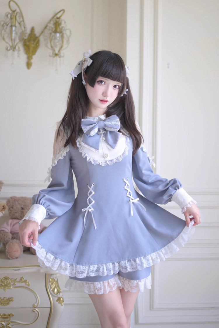 Grey/Blue [Divine love] Long Sleeves Hollow Bowknot Lace Lace-Up Sweet Jirai Kei Dress Shorts Set