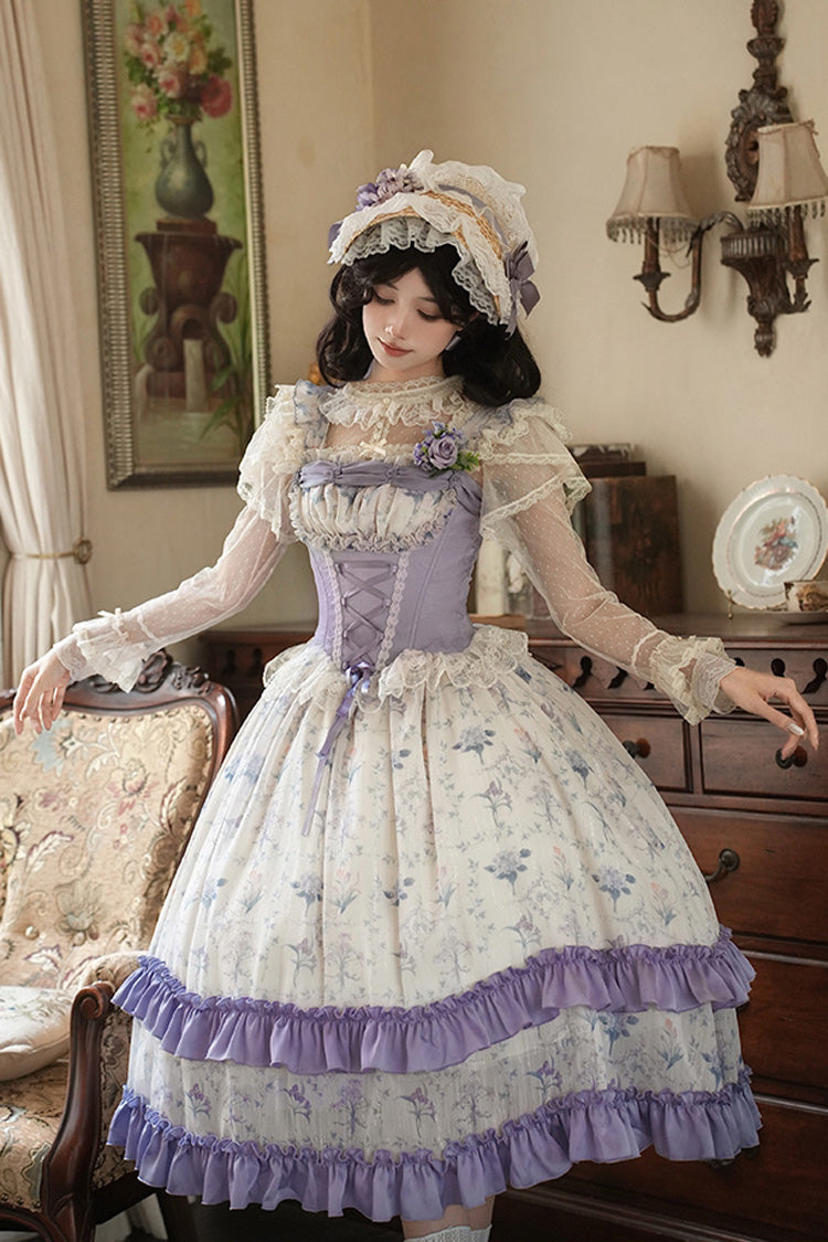 Double-Layer Print Ruffle Bow Lace-Up Fake Two Piece Sweet Lolita Jumper Dress - Purple Ivory