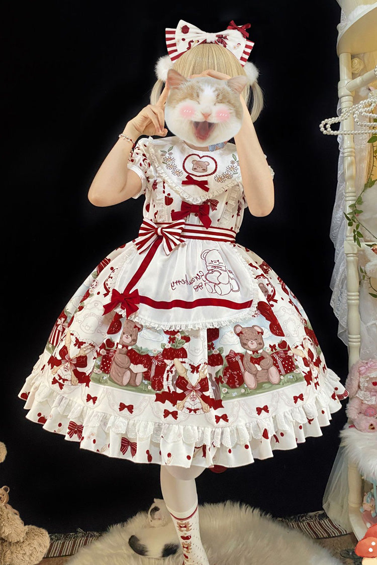 Red White Strawberry Bear Print Ruffle Bow Sweet Plus Lolita Dress