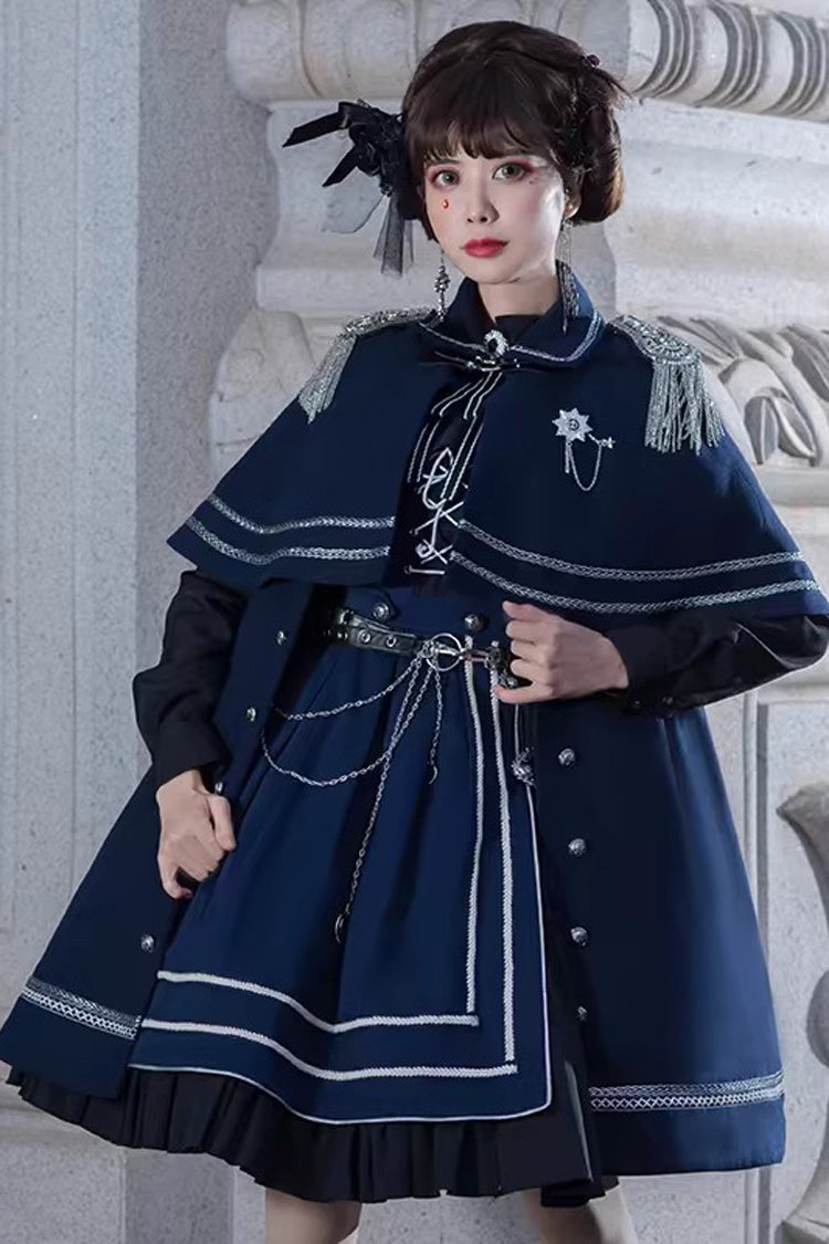 Indigo Lace-Up Military-Style Handsome Lolita Gown with Ruffles