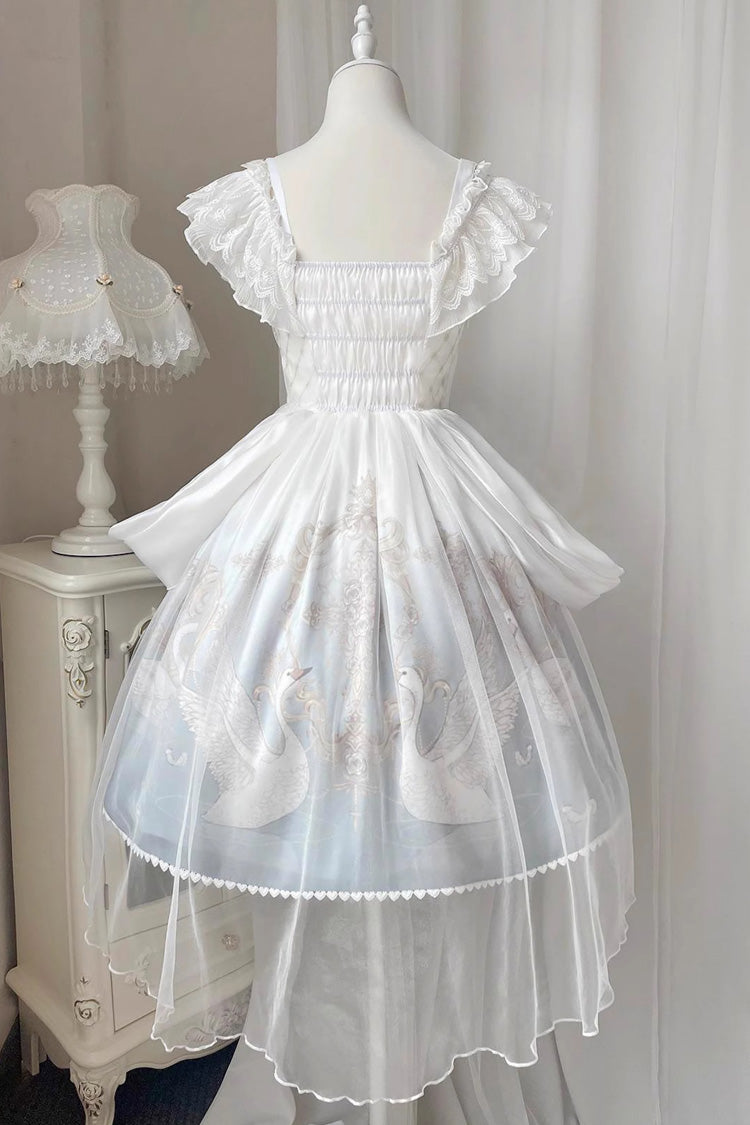 Swan Lake Print Ruffle Bowknot Elegant White Blue Lolita Jsk Dress - Flower and Letter