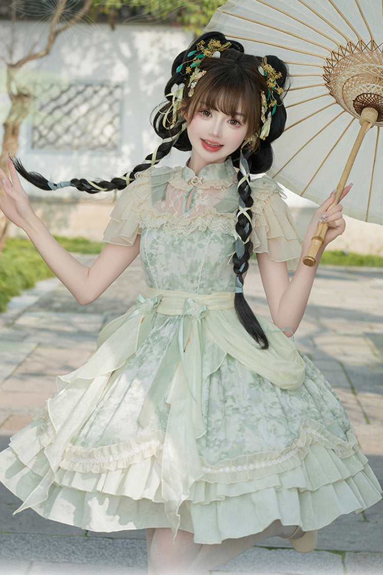 Jade Chiffon Double-Ruffle Bowknot Lace Chinese-Style Lolita Dress
