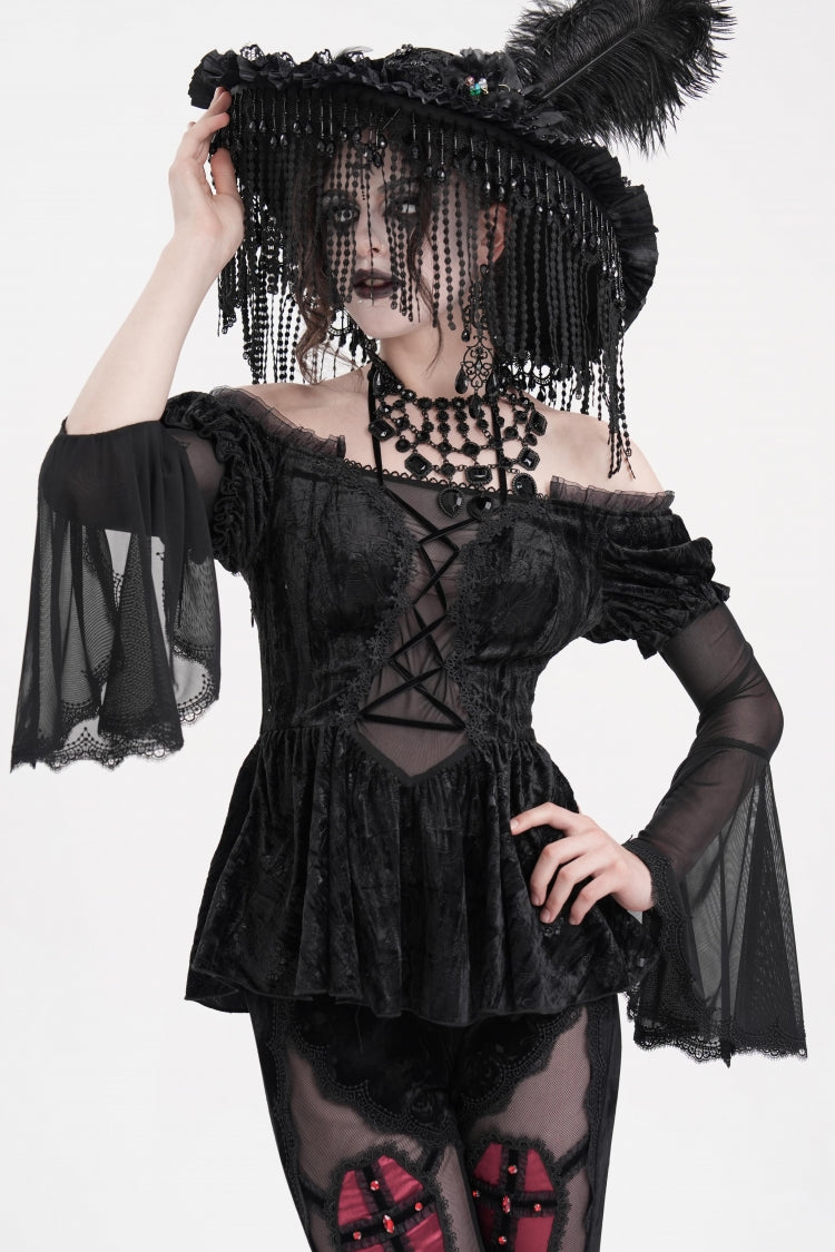 Sheer Black Hollow Lace-Up Mesh Long Sleeve Halter Gothic Blouse