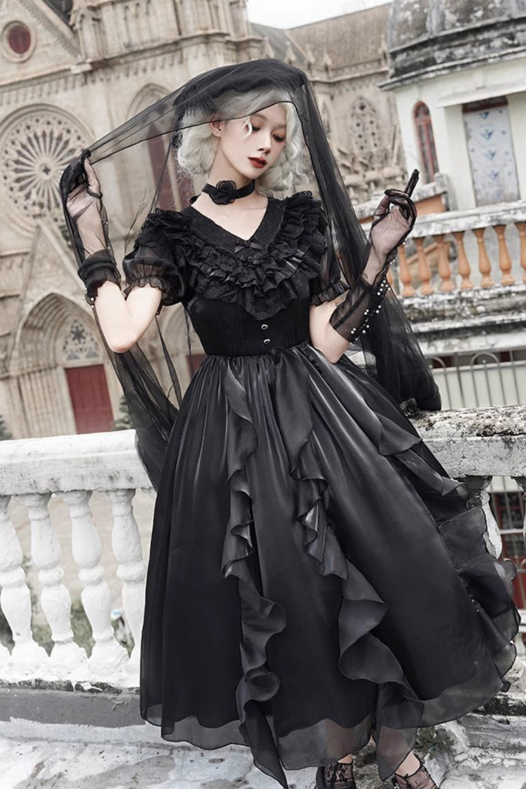 Lace-Trim Puff-Sleeve Gothic Lolita Dress
