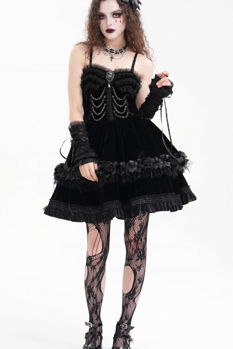 Gothic Slip Dress with Ruffle Lace and Chain for Women