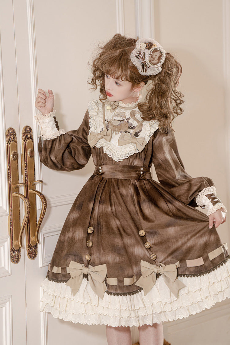 Chocolate Cat Print Long Sleeve Ruffle Bow Sweet Dress