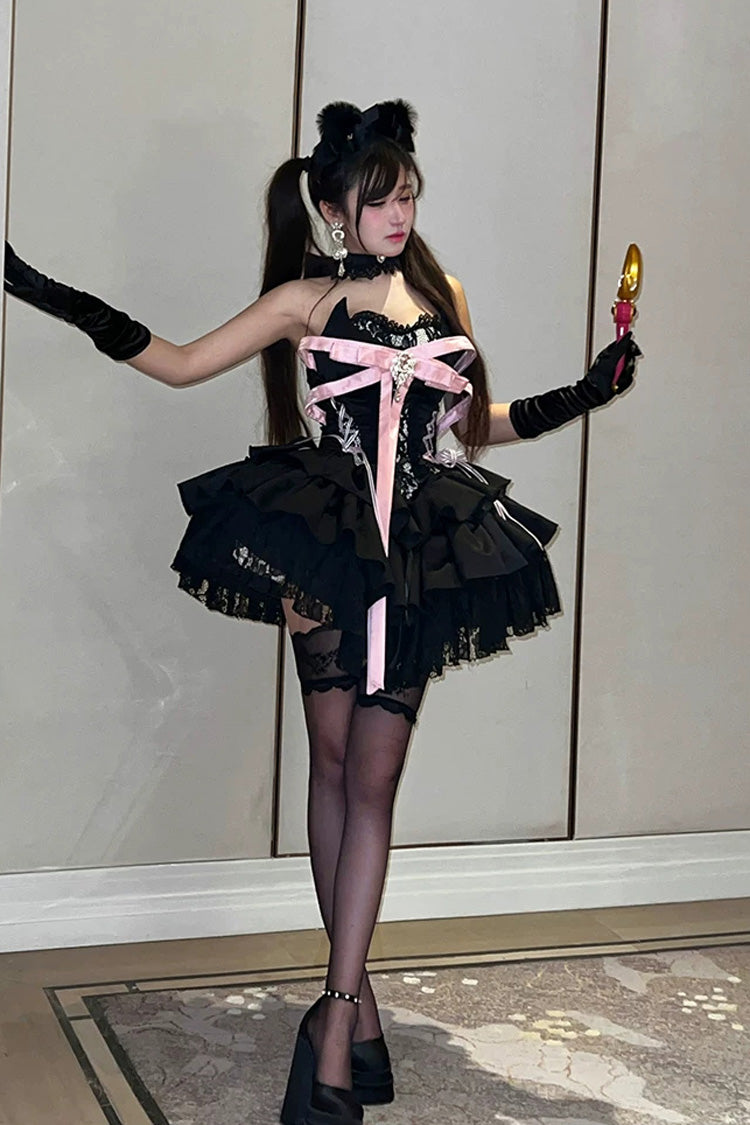 Princess Ballet Gothic Lolita JSK Dress with Ruffled Bow and Lace-Up - Black