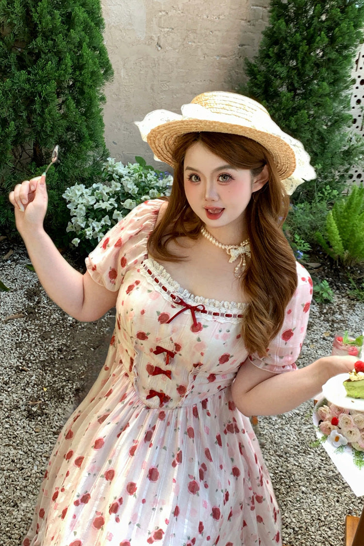 Rose-Printed Square-Collar Ruffled High-Waist Sweet Jumper Dress in Blush Pink