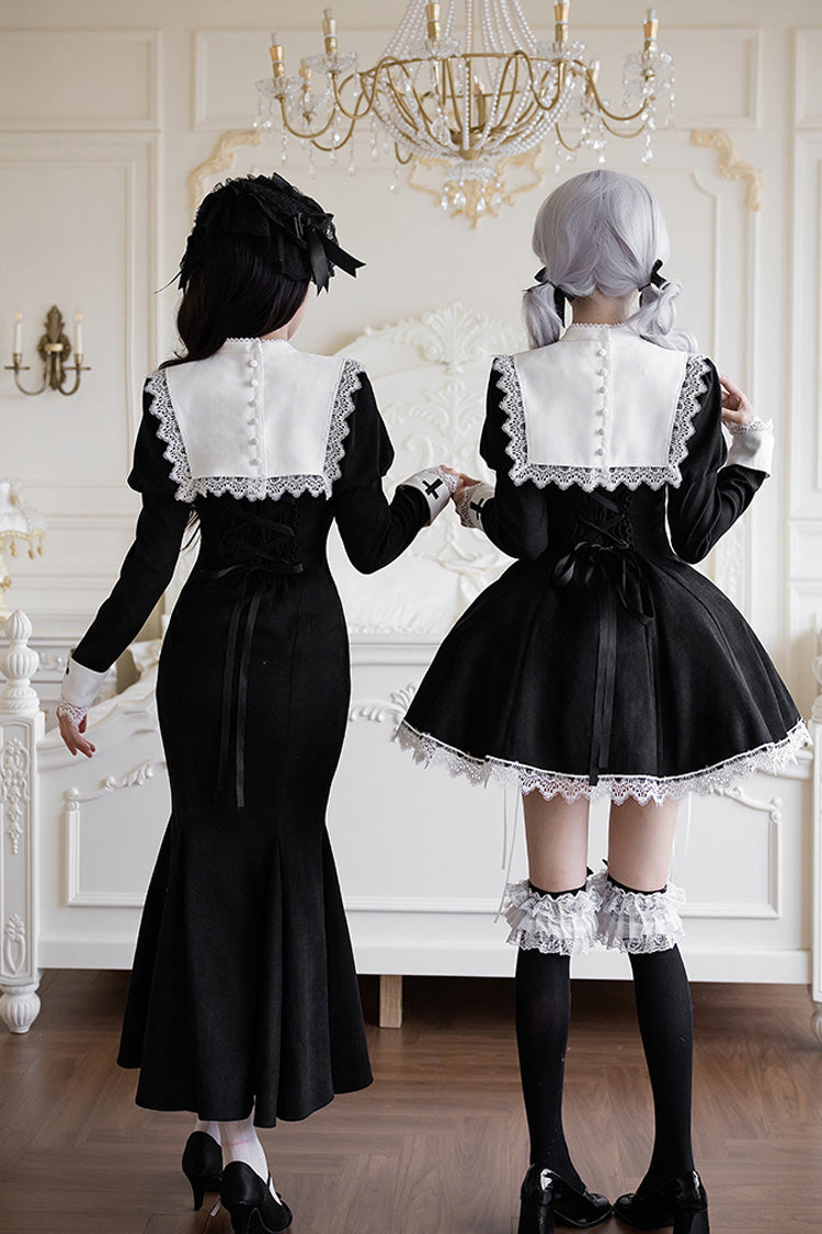 Rose Doll Square Collar Lace-Up Gothic Lolita Dress Set with Bow