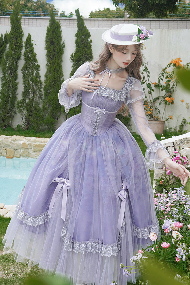 Amethyst Bow-Trimmed Lace Ruffled Long-Sleeve Gothic Dress