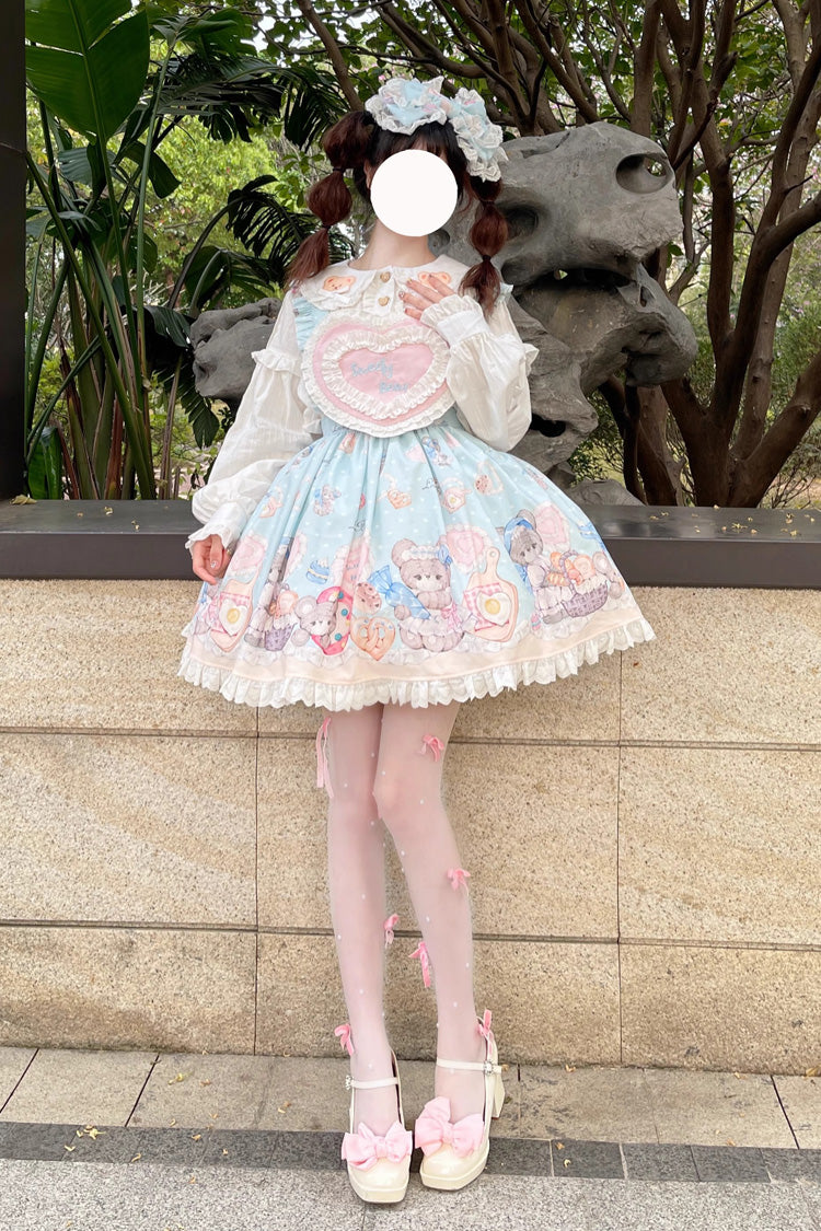 Azure Baked Bear Print Ruffled Sweet Lolita Skirt