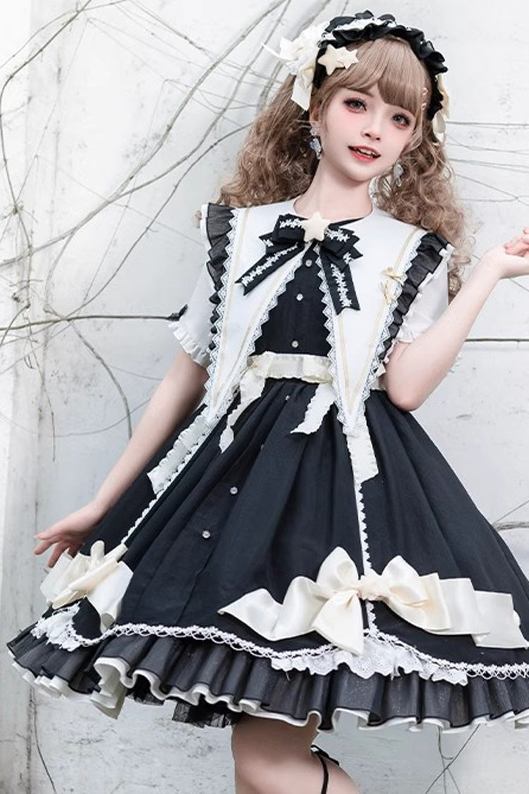 Black Sweet Lolita Dress Short Sleeved Bowknot Lace Stitched Ruffled - Sleeping Star