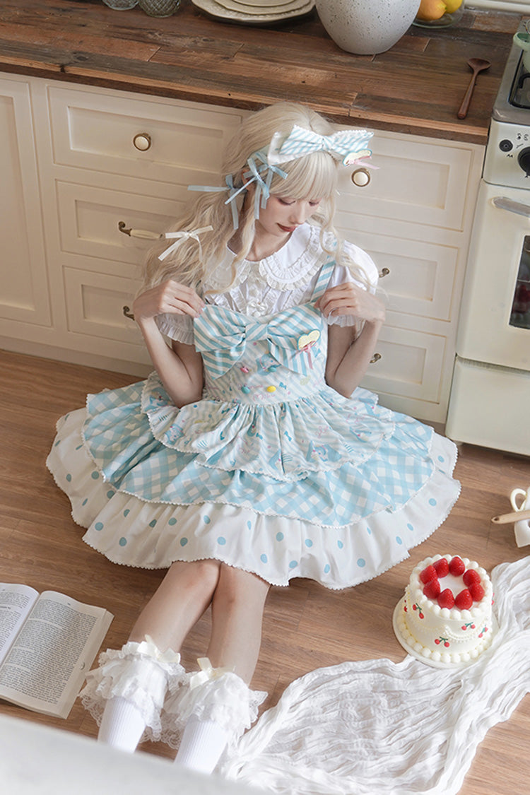 Sleeveless Triple-Layer Print Bow Sweet Lolita Jumper Dress - Blue