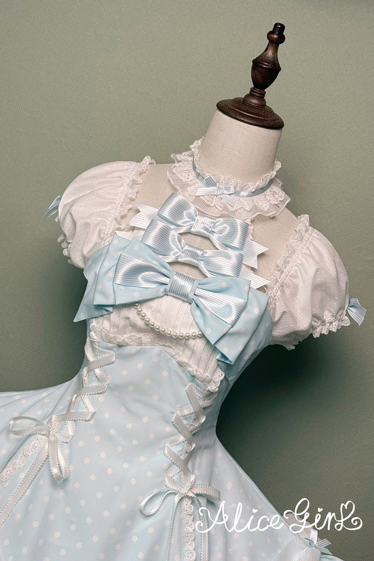 Blue Halterneck Short Sleeve Triple-Layered Polka Dot Bow Lace-Up Sweet Dress
