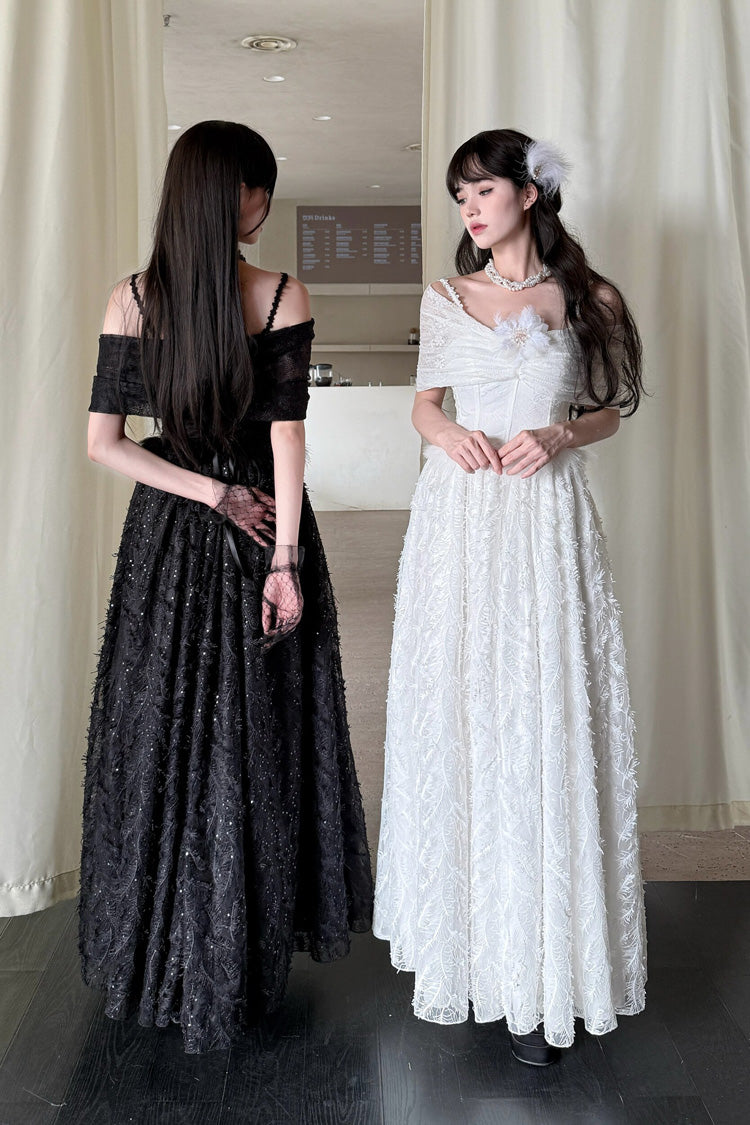 Ivory Moonlight Off-Shoulder Jacquard Embroidered Bow Gothic JSK
