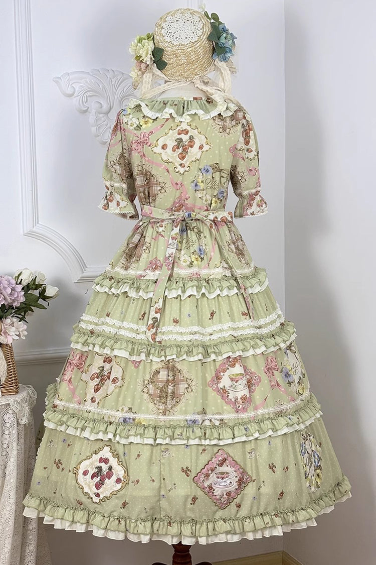 Green Short Sleeve Print Ruffle Cardigan Bowknot Gorgeous Dress