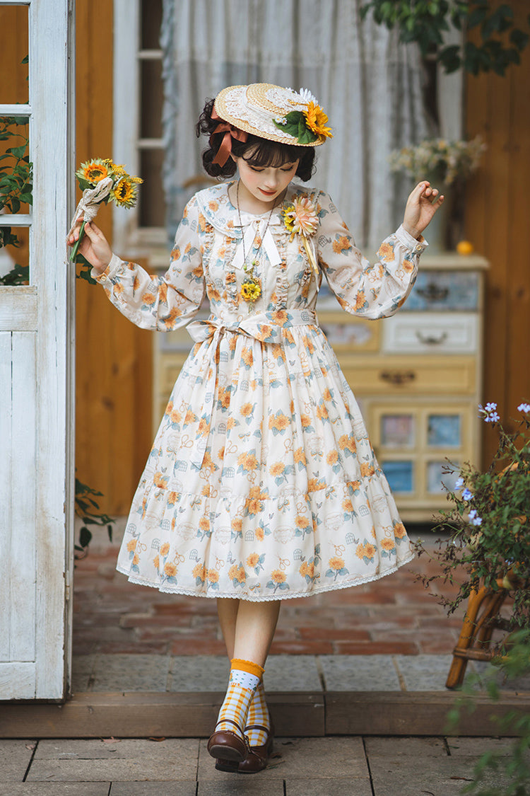 Apricot Sweet Elegant Lolita Dress with Long Sleeves Print Ruffles and Bowknot Accents