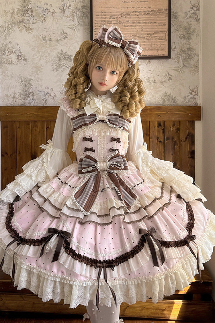 Sleeveless Print Ruffle Bow Lace-Up Sweet Elegant Lolita Jumper Dress - Pink