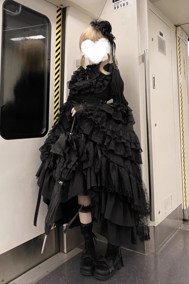 Black Eternal Taboo Long Hime Sleeves Ruffled Bow Gothic Skirt Dress Set