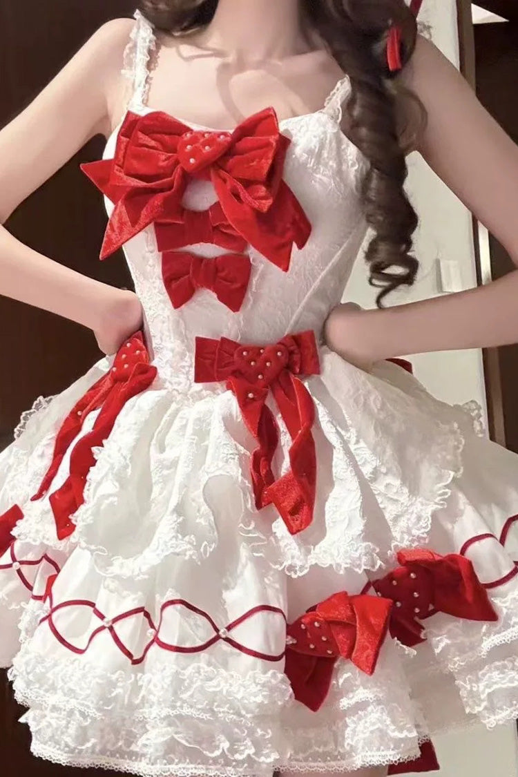 Ivory and Red Jasmine Rain Strawberry Square Neck Sleeveless Triple-Layer Jacquard Bow Lolita JSK