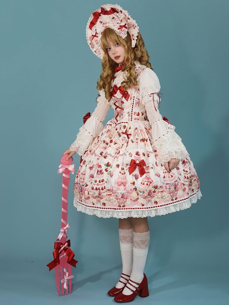 and Sweet Full Bow Desserts Lolita Set Print White / JSK Accents Strawberry