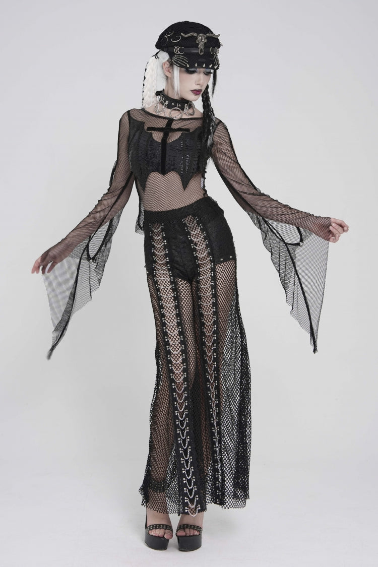 Noir Crewneck Long-Sleeve Sheer Eyelet Punk Bat Cross Mesh Tee for Women