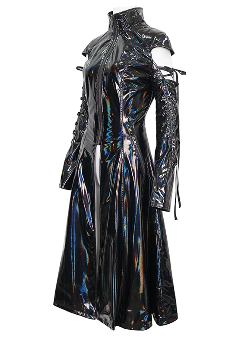 Patent Leather Mesh Spliced Long Punk Coat for Women Lace-Up