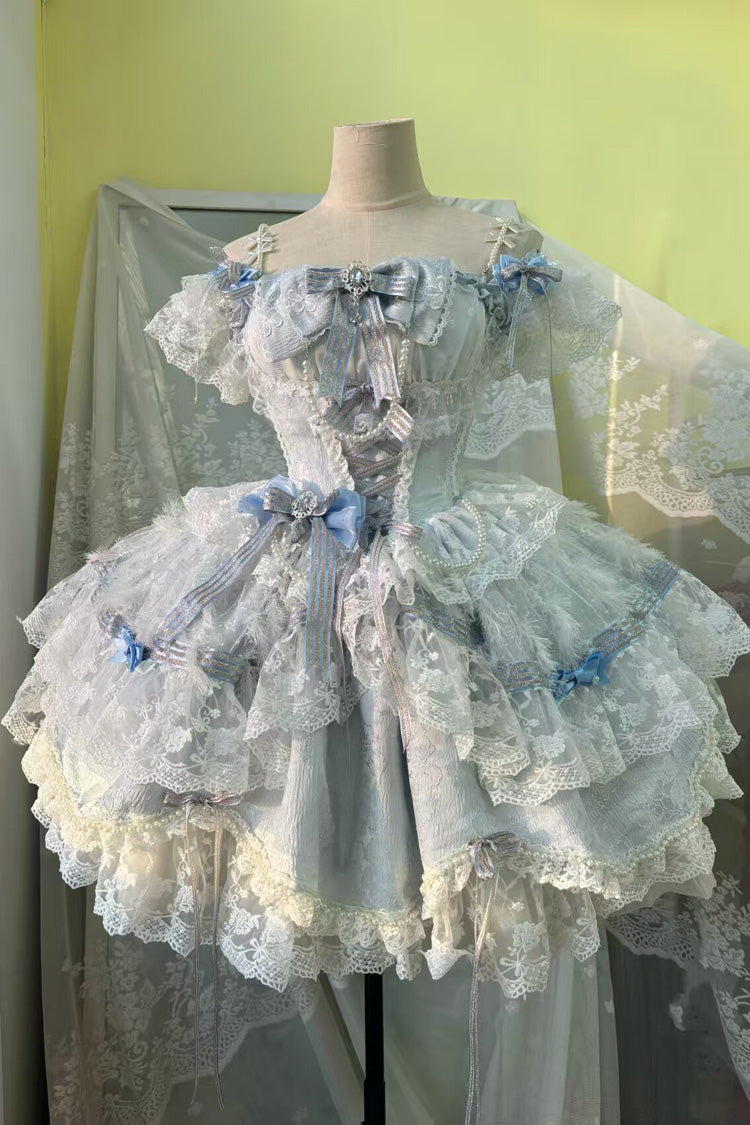 Anna's Ball Square Collar Ruffled Hanayome Bow Lace Ballet JSK - Blue