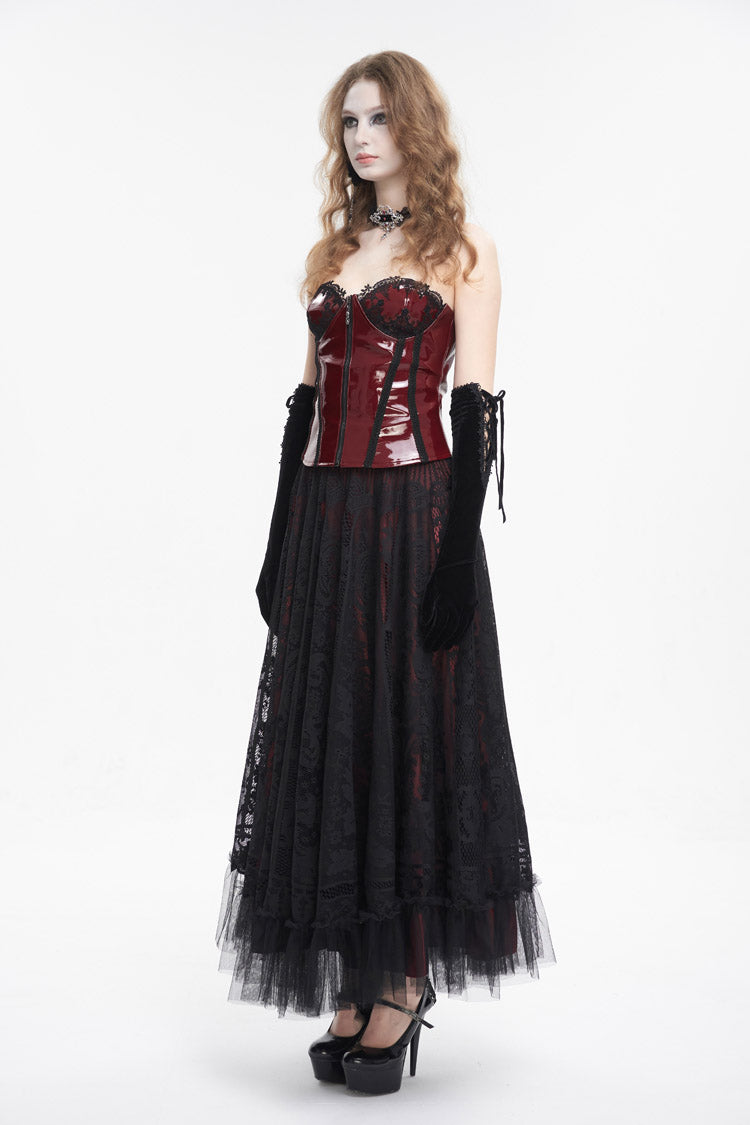 Crimson Lace Splice Patent Leather Punk Overbust Corset