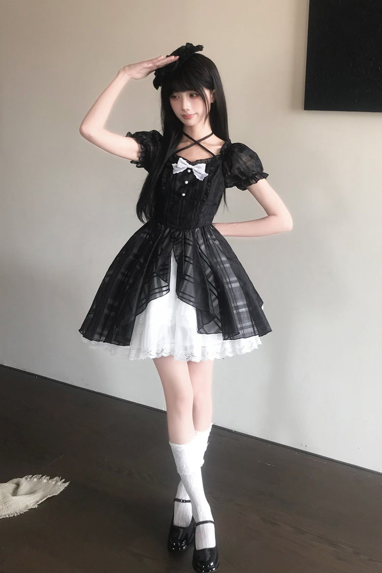 Black/White Square Collar Short Puff Sleeves Plaid Printed Ruffled Bow Lace Sweet Princess Lolita Dress