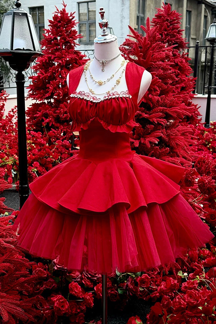 Square Collar Ballet Lolita Dress - Romantic Rose