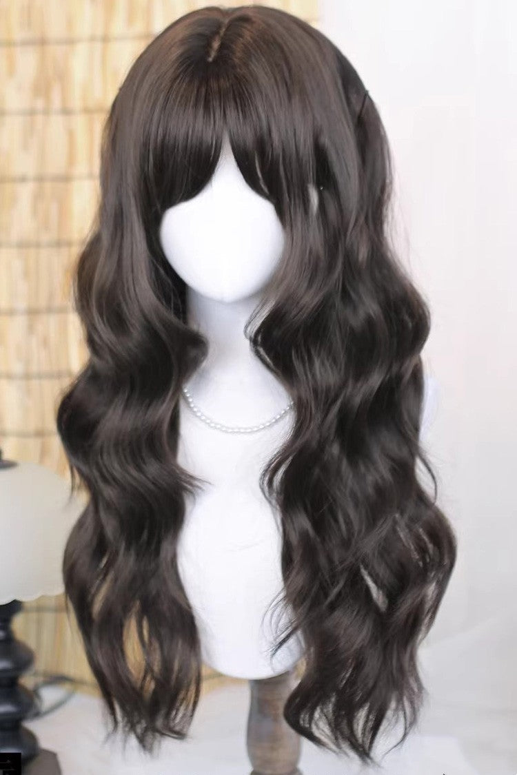 Espresso Brown Lolita Wig with Side-Swept Bangs and Waves