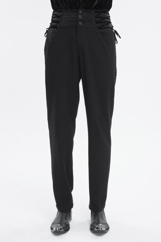 Embellished High Waisted Gothic Pants for Men with Lace Trim