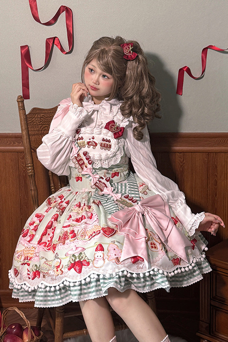 Mint Strawberry Dessert Printed Natural Waist Sweet Lolita JSK Dress - Ruffled