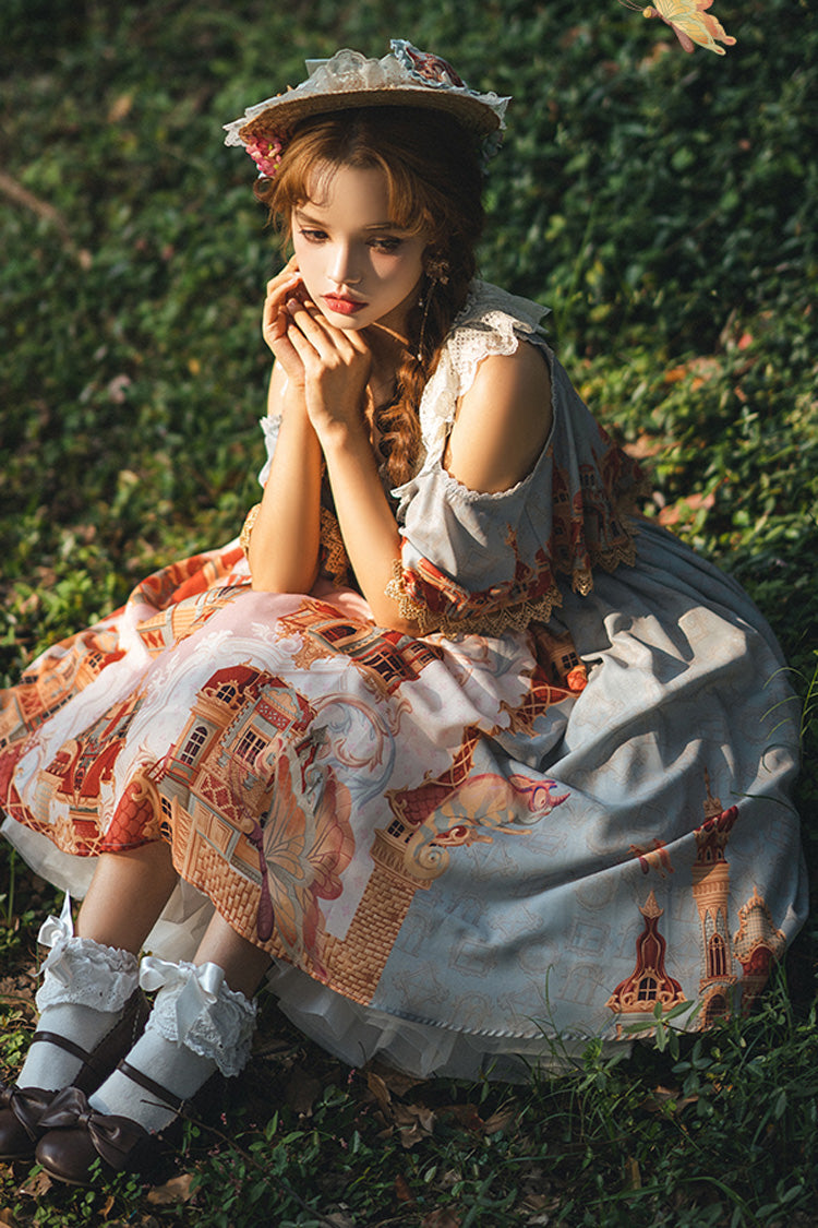 Multi-Color Oil Painting Printed Sweet Lolita Dress - Off Shoulder Short Sleeved