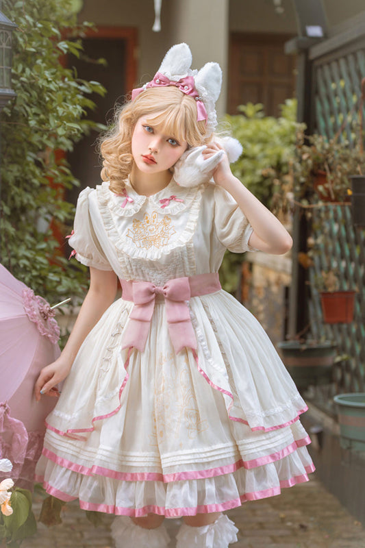 Blush & White Short-Sleeve Multi-Layer Ruffled Bow Sweet Lolita Dress