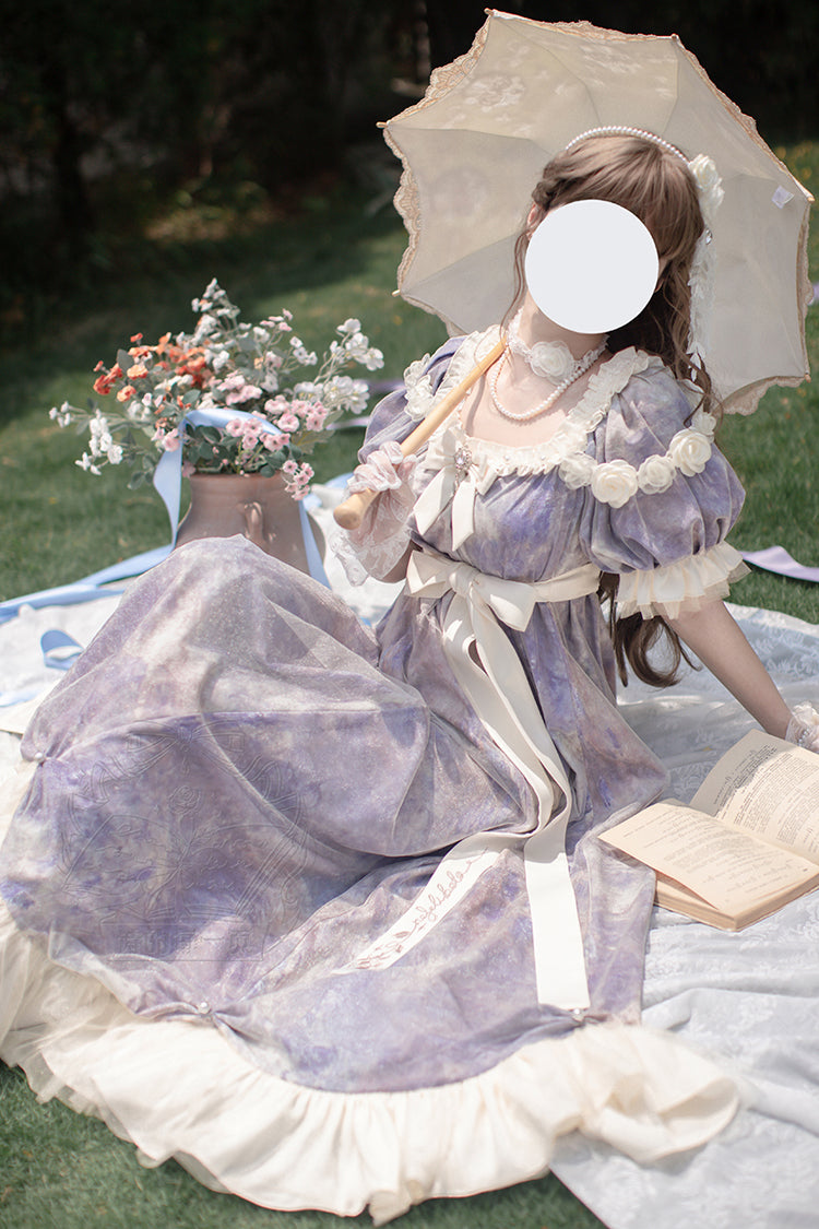 Violet Sun Moon Poem Short Sleeve Printed Bow Princess Lolita Dress