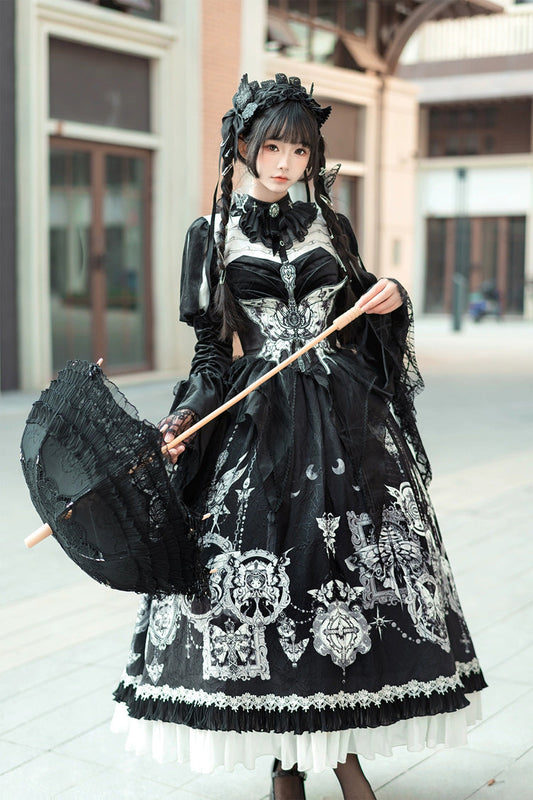 Black Feast of Bones Printed Ruffled Bow Lace Gothic Elegant Long Dress