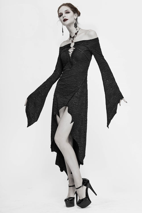 Off-Shoulder Slim Dress with Pleated Waist and Lacing