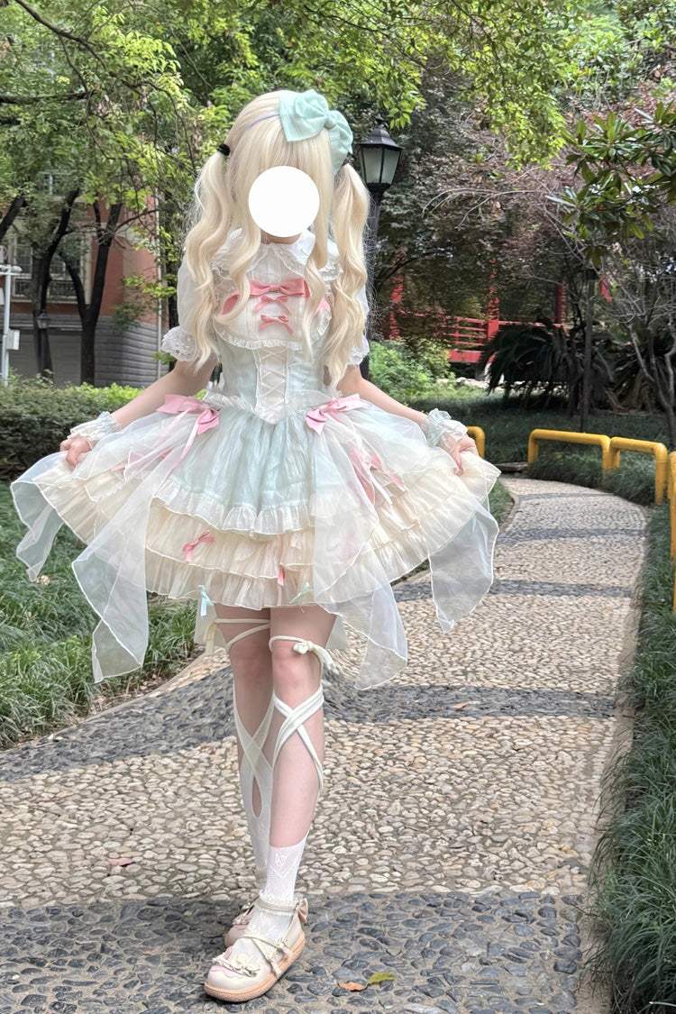 Sleeveless Triple-Layer Ruffle Bow Lace Sweet Princess Lolita Jumper Dress - Green