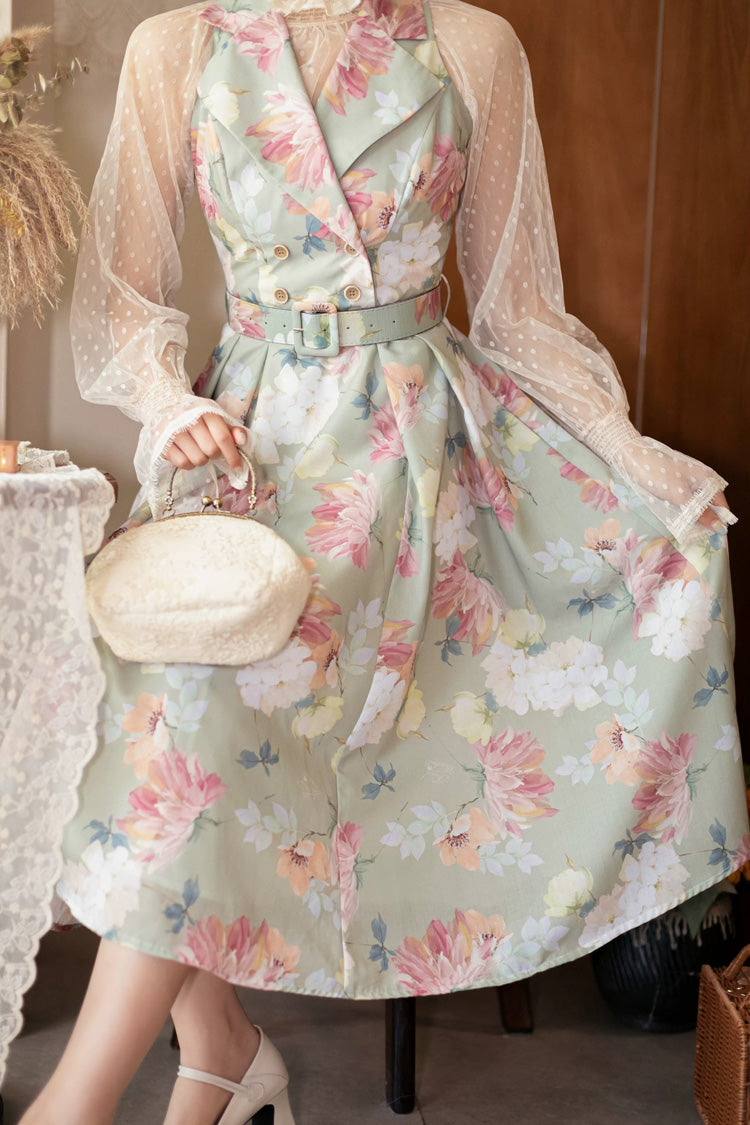 V Collar Printed Vintage Dress - Afternoon Forest