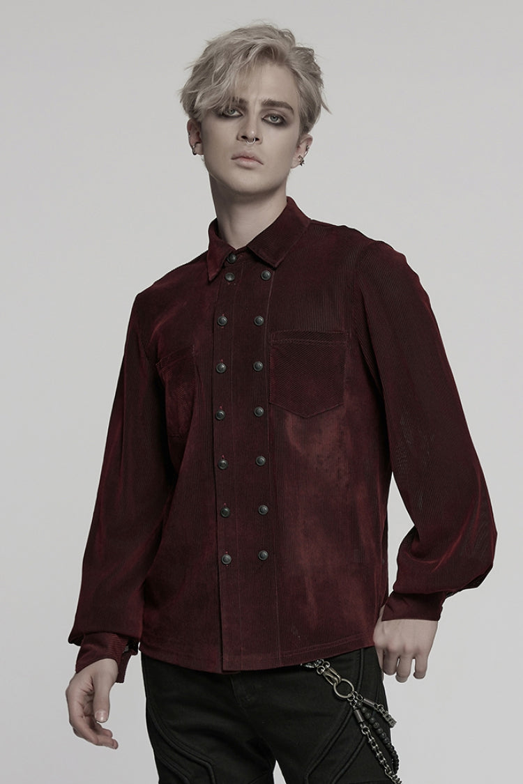 Noir & Crimson Double-Breasted Puff-Sleeve Gothic Shirt