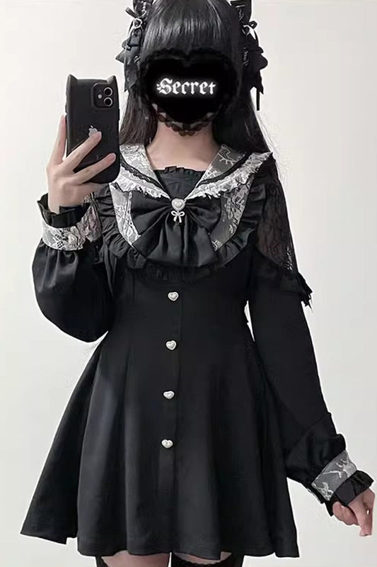 Black Bowknot Stitching Lace Jirai Kei Japanese Dress Shorts Set