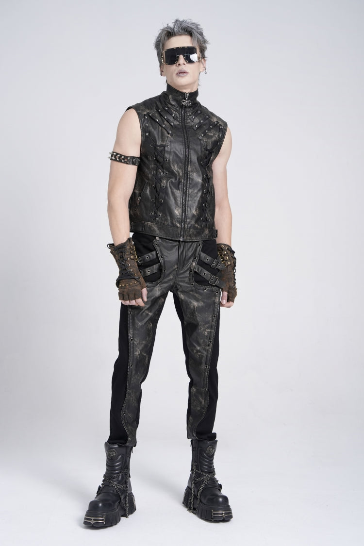 Faux Leather Stitching Buckle Pants - Punk