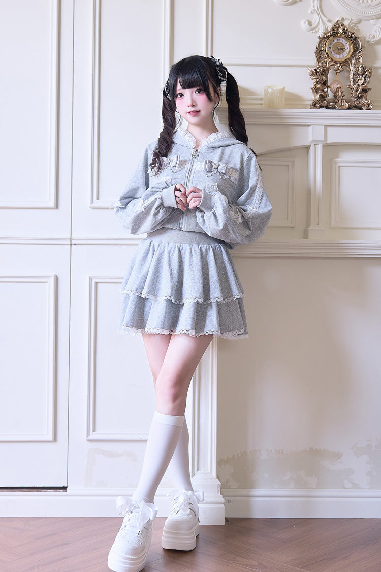 Hooded Bow Lace Hoodie & Skirt - Jirai Kei Set