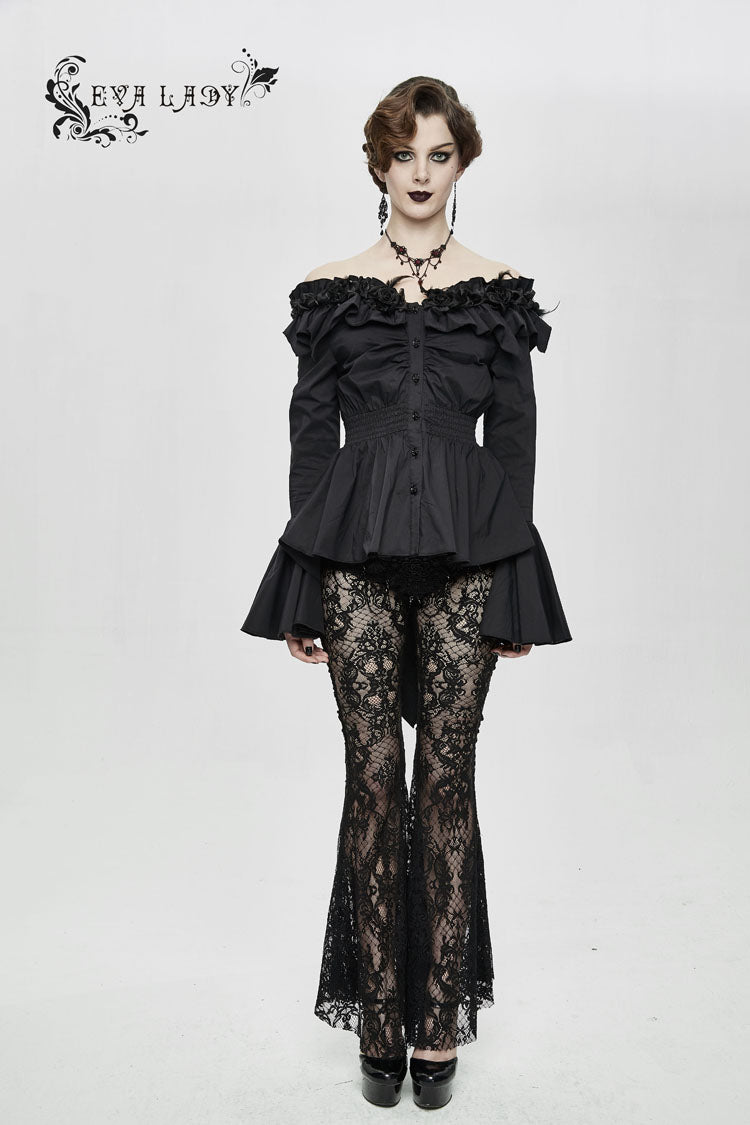 Ink Rose Flower-Decorated One-Word Collar Long-Sleeve Flare Cuff Gothic Blouse for Women
