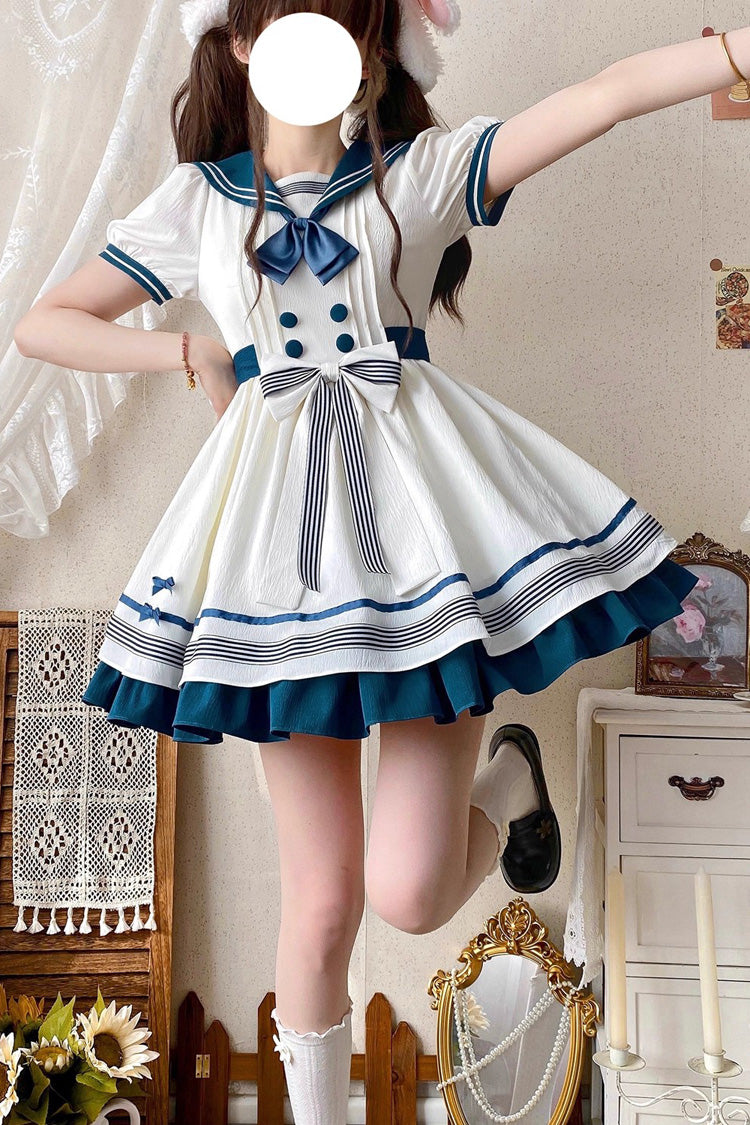 White/Green Navy Collar Short Sleeve Ruffled Bow Sweet Lolita Dress