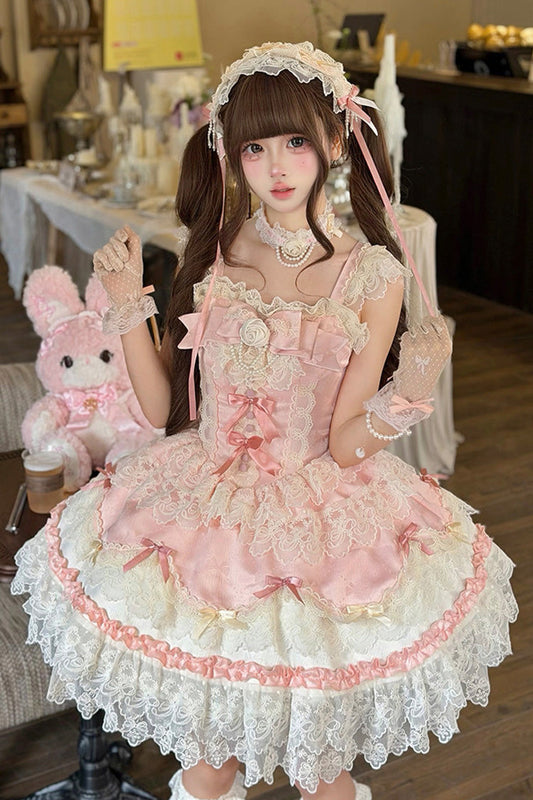 Pink Square Neck Ruffled Bow Lace Ballet Sweet JSK Dress - Rose Feather Romance
