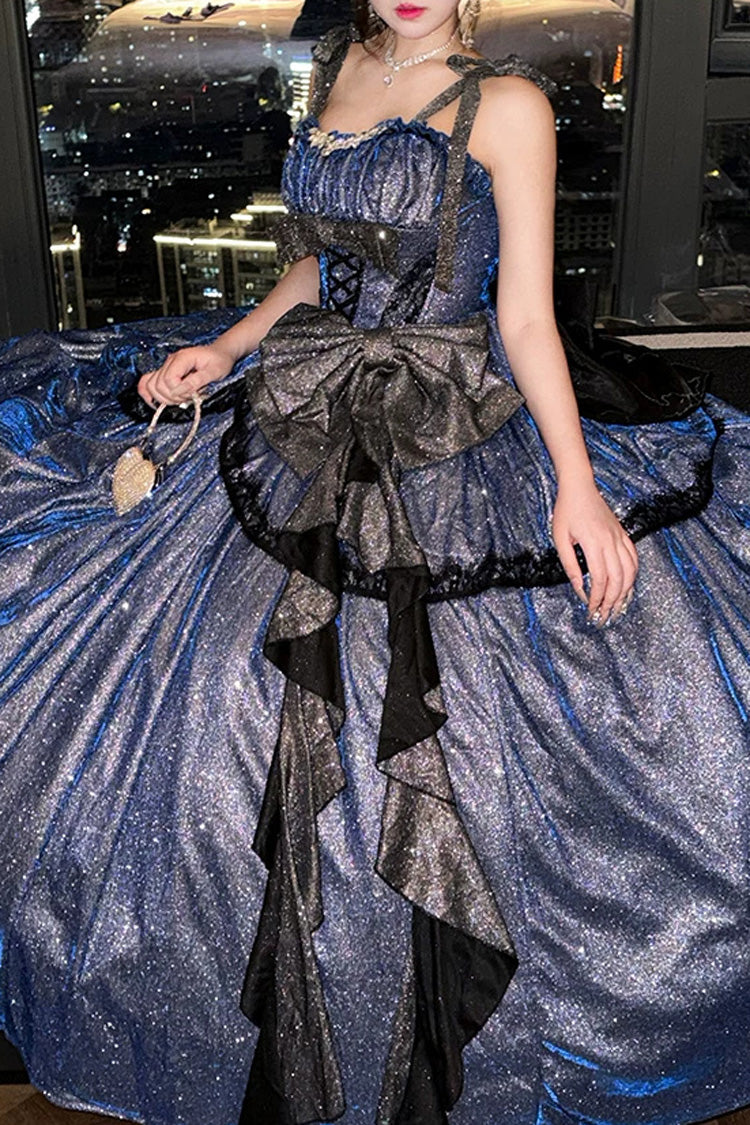 Sweet Lolita JSK Dress with Ruffled Bow and Asymmetric Cut - Blue