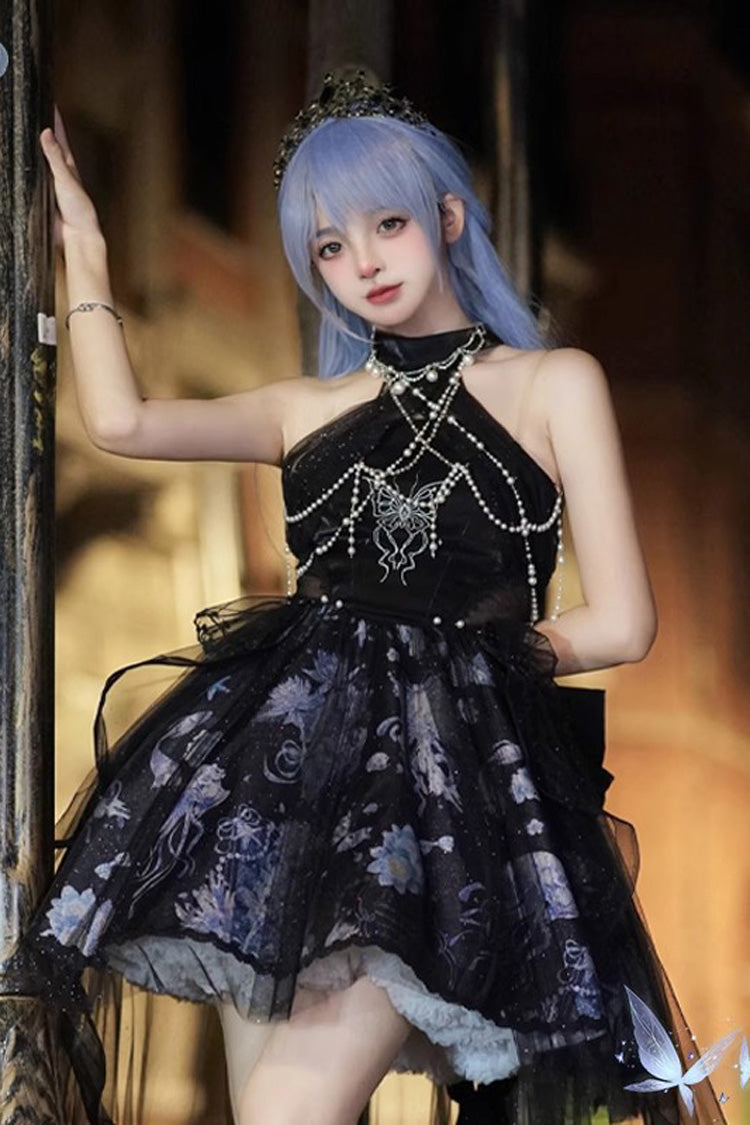 Blue Halterneck Sleeveless Embroidery Bowknot Lace Elegant JSK Dress